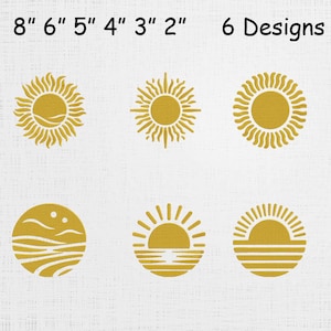 May include: Six gold-coloured sun designs in various styles, ranging from 5 to 20 cm in diameter. The designs include suns with rays, suns over water, and suns with landscape elements. The text "6 Designs" is displayed above the designs.