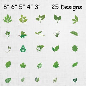 Puede incluir: Imagen con 25 diseños de hojas verdes diferentes. Las hojas varían en forma y estilo, algunas son contornos simples, otras más detalladas. El texto en la parte superior dice "8" 6" 5" 4" 3"" y "25 Designs."