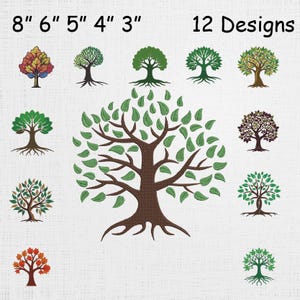 May include: A collection of 12 tree embroidery designs in various styles and colors, including green, autumn-toned, and dark-leafed trees. The text 8" 6" 5" 4" 3" and 12 Designs is displayed at the top, indicating available sizes and quantity.