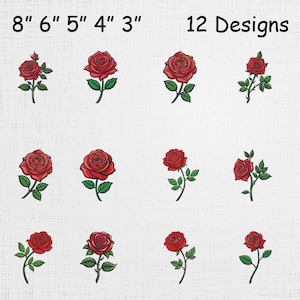 Może przedstawiać: Dwanaście wzorów czerwonych róż z zielonymi liśćmi. Róże mają rozmiar od 7,6 cm do 20,3 cm. Tekst "12 Designs" jest wyświetlany nad różami.