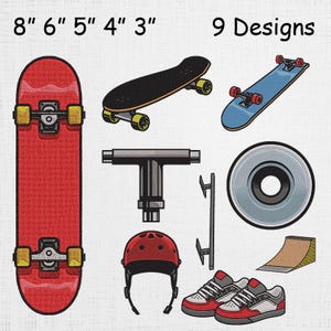 Puede incluir: Una ilustración con nueve diseños relacionados con el monopatín. Se incluyen monopatines en rojo, negro y azul, un casco, una rueda, una rampa y un par de zapatillas deportivas. El texto en la parte superior dice "8" 6" 5" 4" 3"" y "9 Designs."
