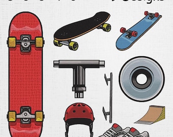 Skateboard Embroidery Set - Skateboard Silhouette Machine File - Skateboard Icons Set Pattern - 9 Designs 5 Sizes