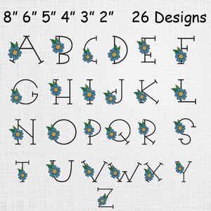 May include: A full alphabet, from A to Z, is displayed in a sans-serif font. Each letter is adorned with a blue flower and green leaves. The image also includes measurements from 2 to 8 inches, and the text "26 Designs."