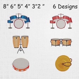 May include: Embroidered designs of various musical instruments, including drum sets, conga drums, a tambourine, and a cymbal. The text "8" 6" 5" 4" 3" 2"" and "6 Designs" is displayed at the top of the image.