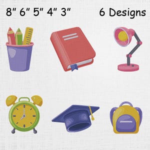 Puede incluir: Imagen que muestra seis diseños con temática escolar. Los diseños incluyen un portalápices morado con lápices y una regla, un libro rojo, una lámpara de escritorio rosa, un despertador verde, una gorra de graduación azul y una mochila amarilla. El texto "8" 6" 5" 4" 3" 6 Designs" está en la parte superior.