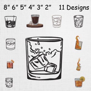 Peut inclure: Dessins au trait en noir et blanc de différents verres à cocktails, dont un verre à whisky avec de la glace, un verre à shot avec un dessous de verre en bois et un verre à pied avec de la glace. Le texte "8" 6" 5" 4" 3" 2" 11 Designs" est en haut.
