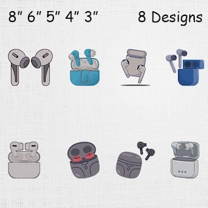 Könnte beinhalten: Eine Illustration zeigt acht Designs von kabellosen Ohrhörern. Das Bild enthält Maße von 7,6 bis 20,3 cm. Die Ohrhörer sind in verschiedenen Farben dargestellt, darunter Grau, Blau und Schwarz, mit ihren Ladeetuis.