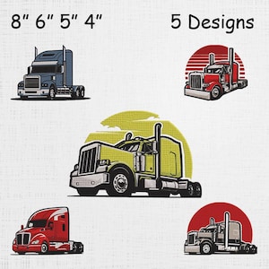 May include: Five embroidered truck designs in various colors, including blue, red, and yellow. The designs are labeled with sizes ranging from 4 to 8 inches. The text "5 Designs" is also present.