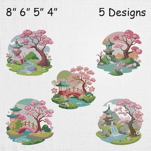 Puede incluir: Cinco diseños de bordado con escenas de jardines japoneses con pagodas, cerezos en flor, puentes y arroyos. Los diseños están disponibles en tamaños de 10 cm a 20 cm.