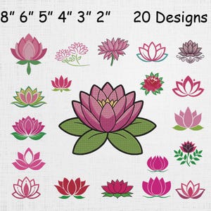 May include: A collection of 20 lotus flower embroidery designs in various shades of pink, magenta, and green. The text 8" 6" 5" 4" 3" 2" and 20 Designs is displayed at the top. Each lotus is depicted with distinct petal shapes and leaf details.