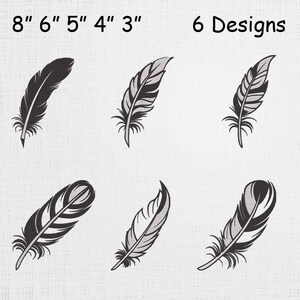 Peut inclure: Six motifs de plumes noirs et gris, de 7,6 cm à 20,3 cm. Les plumes présentent des motifs de veines détaillés sur fond blanc. Le texte « 6 Designs » est visible.
