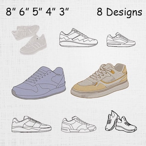 May include: An illustration featuring eight different sneaker designs. The sneakers are in various colors, including gray, blue, and beige. The image includes the text "8 Designs" and measurements ranging from 3 to 8 inches.