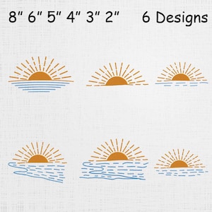 Puede incluir: Seis diseños que muestran un amanecer estilizado sobre el agua. El sol es naranja con líneas radiantes, y el agua está representada por líneas horizontales azules. El texto "8" 6" 5" 4" 3" 2" 6 Designs" está en la parte superior.