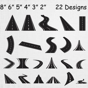 May include: A collection of 22 black road designs with white dashed center lines. The designs vary in shape, including straight, curved, and angled roads. The image includes measurements from 2 to 8 inches, and the text "22 Designs".