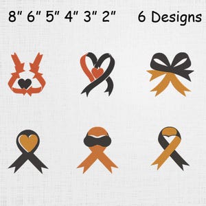 May include: Six ribbon designs in orange, black, and gold, each with a heart or bow motif. The image includes measurements from 5.08 cm to 20.32 cm. The text "6 Designs" is also present.