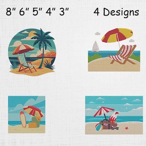 May include: Four beach-themed embroidery designs are displayed. Each design features a beach scene with an umbrella, beach chair, and other beach elements. The designs are approximately 3 to 8 inches in size.