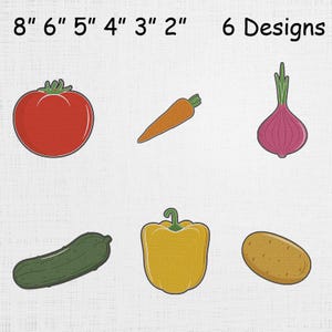 May include: Six embroidered vegetable designs, including a red tomato, orange carrot, purple onion, green cucumber, yellow bell pepper, and brown potato. The largest design is 8 inches.