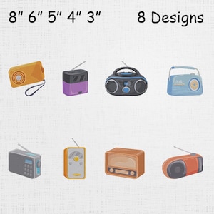 May include: Eight radio designs are displayed, each with a unique color scheme and style. The radios vary in size, with the largest measuring 8 inches in length. The designs include a variety of shapes, from retro-style boxes to modern boombox designs.