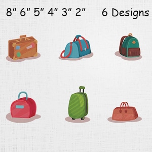 Puede incluir: Se muestran seis diseños de bolsas de viaje, incluyendo una maleta marrón (20 cm de largo), una bolsa de lona azul y roja, una mochila verde y marrón, un bolso de mano rojo, una maleta con ruedas verde y un bolso tote marrón. El texto "6 Designs" está en la parte superior.
