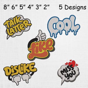 Puede incluir: Cinco parches bordados con varios diseños. Los parches incluyen las frases "Talk Later", "Cool", "Like", "Dislike" y "Miss You". Los parches son de varios colores, incluyendo amarillo, naranja, azul y rojo. Los parches miden entre 5 y 20 cm.