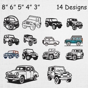 以下が含まれることがあります： オフロードSUVやヴィンテージカーのイラストが描かれた14種類の車両デザイン集。白黒を基調とし、2つのデザインには青とオレンジのアクセントが含まれています。8" 6" 5" 4" 3" および 14 Designs というテキストが表示されています。