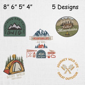 May include: Five embroidered patches with camping and mountain themes. Designs include text like "Mountains are Calling" and "Stay Wild". Sizes range from 4 to 8 inches.