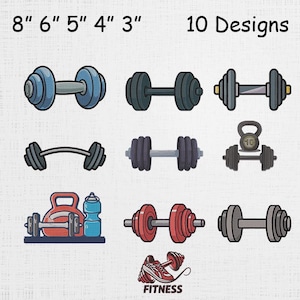 May include: An illustration featuring 10 fitness designs, including dumbbells, barbells, and kettlebells. The designs are in various colors, such as blue, black, red, and gray. The text "8" 6" 5" 4" 3"" and "10 Designs" are at the top, and the word "FITNESS" is at the bottom.