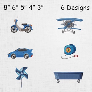 May include: Six embroidered designs featuring a blue scooter, airplane, car, yo-yo, pinwheel, and wagon. The designs are in various sizes, ranging from 3 to 8 inches.