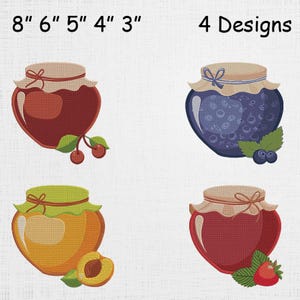 May include: Four embroidered jar designs, each with a different fruit. The jars are heart-shaped and have a tan lid with a bow. The fruits include cherries, blueberries, a peach, and a strawberry. The text above reads "8" 6" 5" 4" 3" 4 Designs."