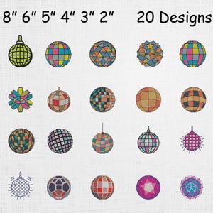 Może przedstawiać: Kolekcja 20 wzorów kul dyskotekowych w różnych kolorach i wzorach. Rozmiary wahają się od 5 cm do 20 cm. Obraz zawiera tekst "20 Designs".
