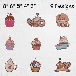 May include: Nine dessert designs, including cupcakes, a slice of cake, a donut, and a heart-shaped cookie. The designs feature cherries and other decorative elements. The text "8" 6" 5" 4" 3"" and "9 Designs" are at the top.