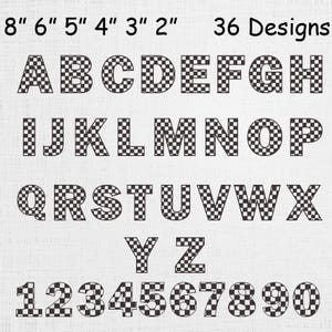 May include: A digital alphabet and number set featuring 36 designs of letters A through Z and numbers 0 through 9. Each character is filled with a black and white checkerboard pattern. Text at the top indicates sizes of 8", 6", 5", 4", 3", 2".