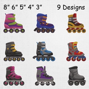 Op de afbeelding: Negen rolschaatsontwerpen in verschillende kleuren, waaronder roze, paars, blauw en rood. De afbeelding bevat de tekst "8" 6" 5" 4" 3" en "9 Designs."