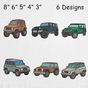 May include: Embroidered designs of six different off-road vehicles. The vehicles are in various colours, including brown, blue, and green. The text "8" 6" 5" 4" 3" 6 Designs" is at the top. The designs are approximately 7.6 to 20.3 cm in size.