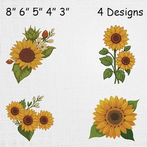 Könnte beinhalten: Vier Sonnenblumen-Designs in Gelb, Braun und Grün werden gezeigt. Die Größen sind mit 20 cm, 15 cm, 13 cm, 10 cm und 8 cm angegeben. Die Designs umfassen einzelne und mehrfache Sonnenblumen mit Blättern und Stielen.