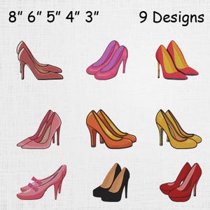 Könnte beinhalten: Neun Paar High Heels in verschiedenen Farben, darunter Rot, Rosa, Orange und Gelb. Das Bild enthält den Text "8" 6" 5" 4" 3" 9 Designs". Die Schuhe variieren in Stil und Design.