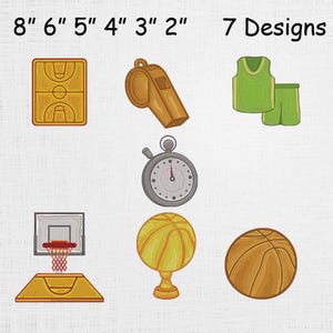 Pode incluir: A imagem apresenta sete designs com tema de basquete. Estes incluem uma quadra de basquete, um apito, uma camisa e calções verdes, um cronômetro, uma cesta de basquete, um troféu e uma bola de basquete. O texto "8" 6" 5" 4" 3" 2" 7 Designs" está no topo.