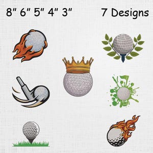 May include: Seven golf ball designs are displayed, each with a unique graphic. One ball is engulfed in flames, another has a crown, and others feature leaves, a golf club, and a green splash. The text "8" 6" 5" 4" 3"" and "7 Designs" are at the top.