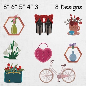 Girly Embroidery Design Bundle - Girly Lifestyle Machine Embroidery Files - Feminine Accessories Embroidery PES DST Multi Size