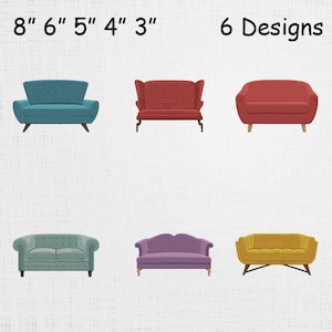 Könnte beinhalten: Das Bild zeigt sechs Miniatur-Sofadesigns in verschiedenen Farben, darunter Türkis, Rot und Gelb. Die Sofas sind zwischen 7.6 cm und 20.3 cm lang. Der Text "6 Designs" ist über den Sofas zu sehen.