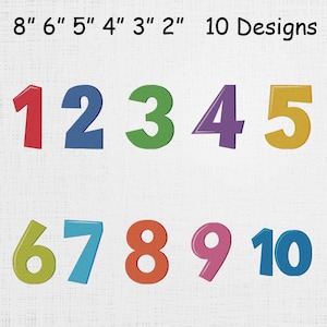 May include: Colorful embroidered numbers 1 through 10 in various colors, with the text "10 Designs" above. The numbers are approximately 2 to 8 inches in height, with a textured background.