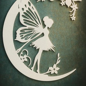 May include: A white fairy silhouette within a crescent moon, adorned with floral accents. The fairy has detailed wings and a flowing dress. The design is set against a textured teal background, creating a whimsical and delicate aesthetic.