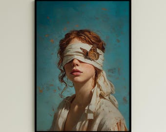 Blindfolded Woman with Butterfly – Surreal Emotional Portrait Painting – Wall Art Decor | Digital Download