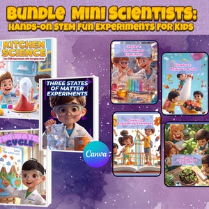 May include: A bundle of educational books and digital guides for kids, featuring colorful illustrations and the text "BUNDLE MINI SCIENTISTS: HANDS-ON STEM FUN EXPERIMENTS FOR KIDS." The books cover topics like kitchen science, water cycles, and chemistry.