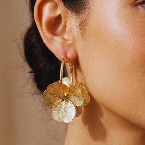 Gold Flower Earrings, Statement Hoop Earrings, Large Floral Earrings, Boho Earrings, Gift for Her Stainless Steel Dangle Earrings