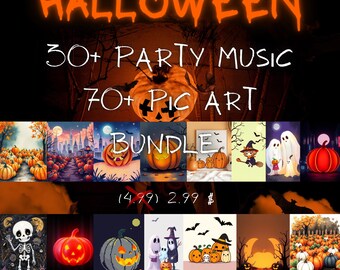 Paquete para fiesta de Halloween / Más de 30 pistas musicales y más de 70 impresiones digitales / Decoración espeluznante, arte mural, lista de reproducción para fiestas, descarga instantánea