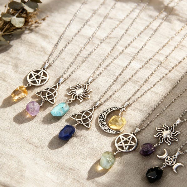 Symbolic Crystal Necklace, Handmade Pendant Necklace with Celtic Knot, Pentagram, Sun, Moon, Healing Stone Boho Jewelry, Spiritual Gift