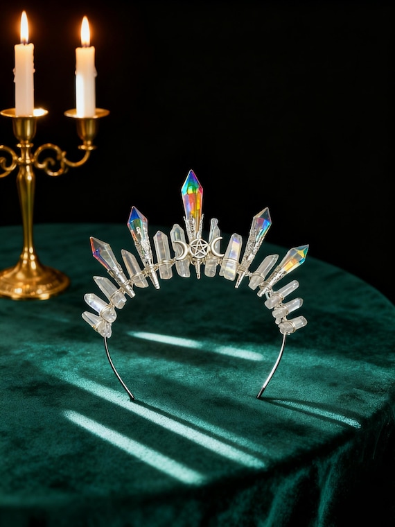 Iridescent Aurora Crystal Crown With Silver Moon Stars  display picture 3