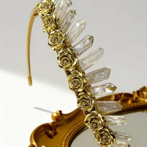 Handmade Quartz Crystal Headband with Gold Accents (NEW) Lady Moon Goddess Crown Raw Crystal Quartz Tiara Handmade  main image 3