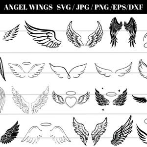 May include: A collection of angel wing designs in black and white. The image includes various styles, from detailed feather illustrations to simple line drawings, with some designs featuring halos. The text at the top reads "ANGEL WINGS SVG / JPG / PNG / EPS/DXF".